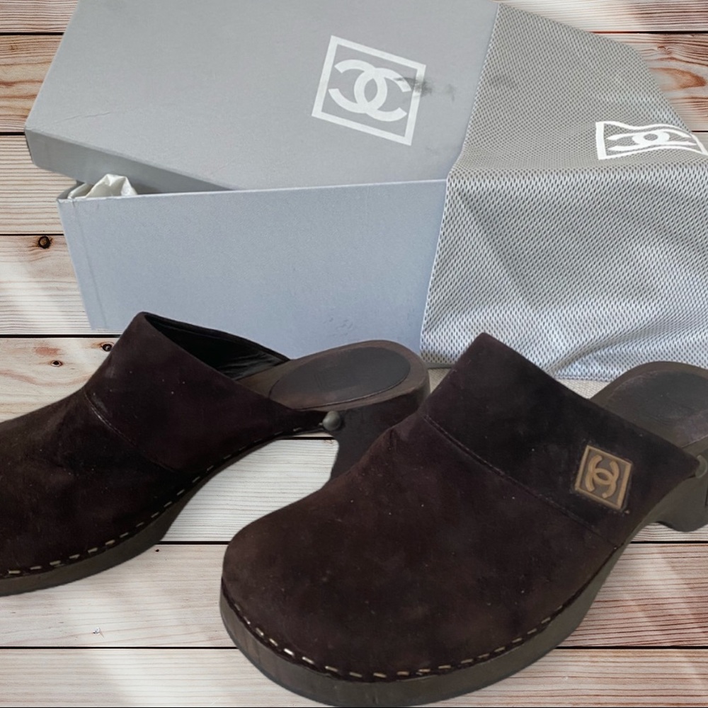 Chanel Brown Suede Clogs Mules size 37 size 6.5